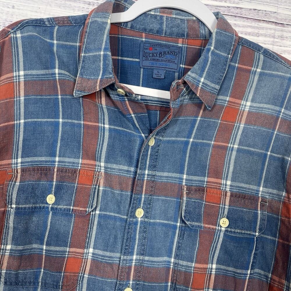Lucky Brand Shirt Mens L Button Up Plaid True Indigo Blue Red L/S Western Cowboy